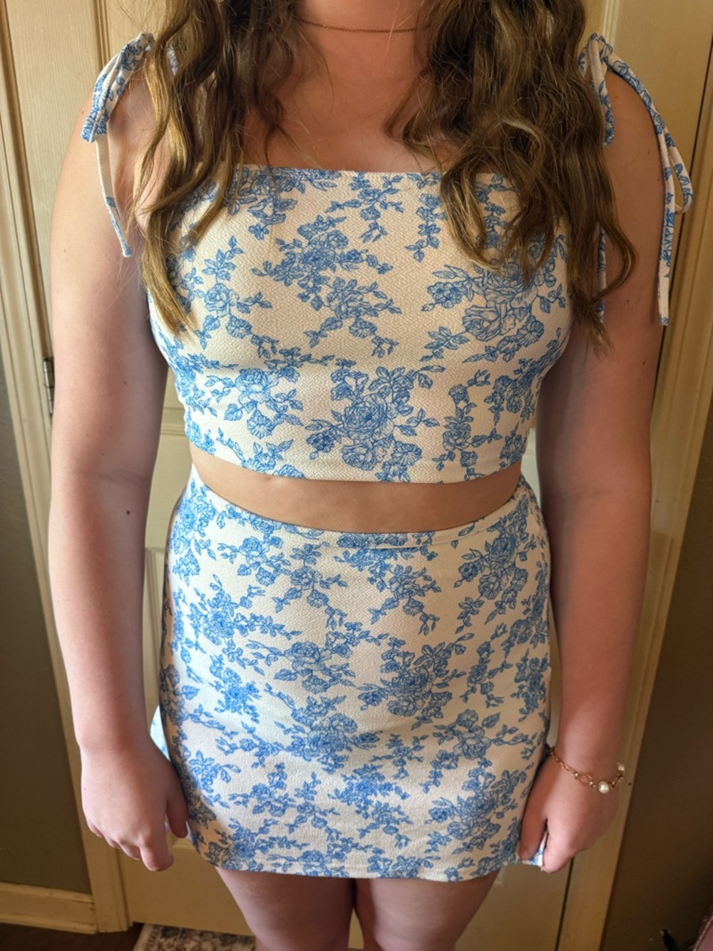 Blue Floral Two-Piece Crop Top & Mini Skirt Set